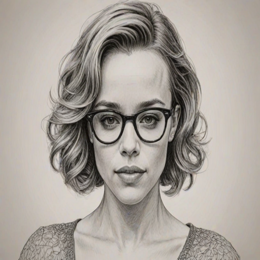 Sublime Rachel McAdams, pencil sketch, portrait of Comely woman 1944s in glasses, hair style beatnik, outline, clear lines, fine lines, 8k