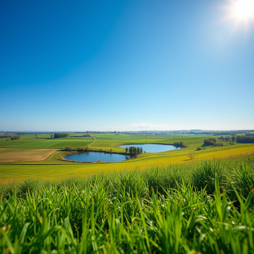 Generate a high-resolution image of a serene landscape with a clear blue sky, lush green fields, and a tranquil lake under golden sunlight, taken with a Canon EOS R5, 50mm lens, aperture f/1.8, ISO 100, shot from a low angle to emphasize the foreground.