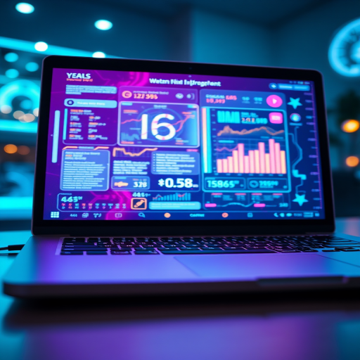 Capture an image of a modern laptop displaying a futuristic holographic interface with colorful data overlays, set against a softly lit background with glowing elements, using a Canon EOS 5D Mark IV, aperture f/1.8, ISO 200, 50mm lens, in a low-angle view to emphasize the screen and environment.