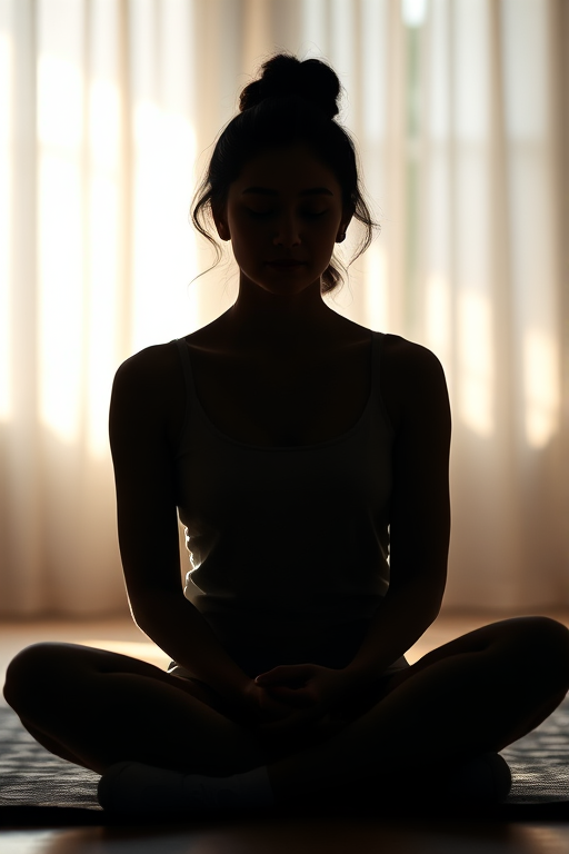 Generate a high-quality image of a silhouette of a woman sitting cross-legged with a serene expression, captured with a Canon EOS 5D Mark IV, 85mm lens, aperture f/1.8, ISO 200, in soft natural lighting, with a slightly blurred background to enhance focus on the subject.