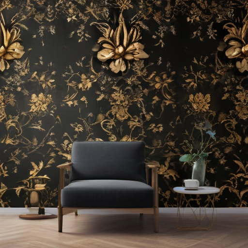 Elegant Living Room Design Featuring Luxurious Floral Wallpaper and ...