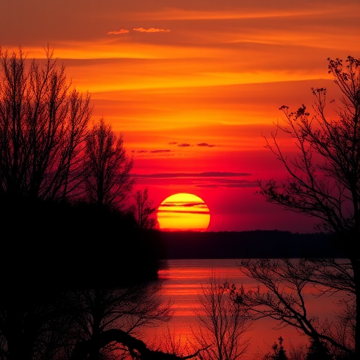 a vibrant sunset over a tranquil lake with silhouettes of trees in the foreground, captured using a DSLR camera with a 50mm lens, aperture f/1.8, ISO 100, shutter speed 1/200s, in landscape orientation for enhanced depth and clarity