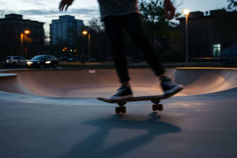 Blurry action shot of a skateboarder performing a trick in an urban skatepark at dusk, with soft light from nearby street lamps casting long shadows on the concrete.