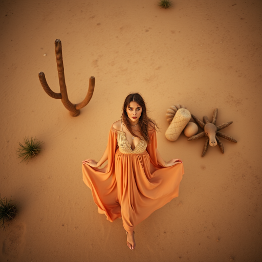 Desert setting, bohemian model, flowy dresses, earthy tones, rustic sunset effect,  equipped with a 12mm lens to capture an overhead view of the model, emphasizing symmetry and spatial positioning