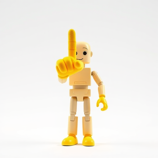 Create an image of a 3D humanoid figure with a yellow foam finger raised in the air, shot with a Canon EOS R5 at f/8, ISO 100, 50mm lens, in a bright white studio background with soft lighting to enhance the figure's features.