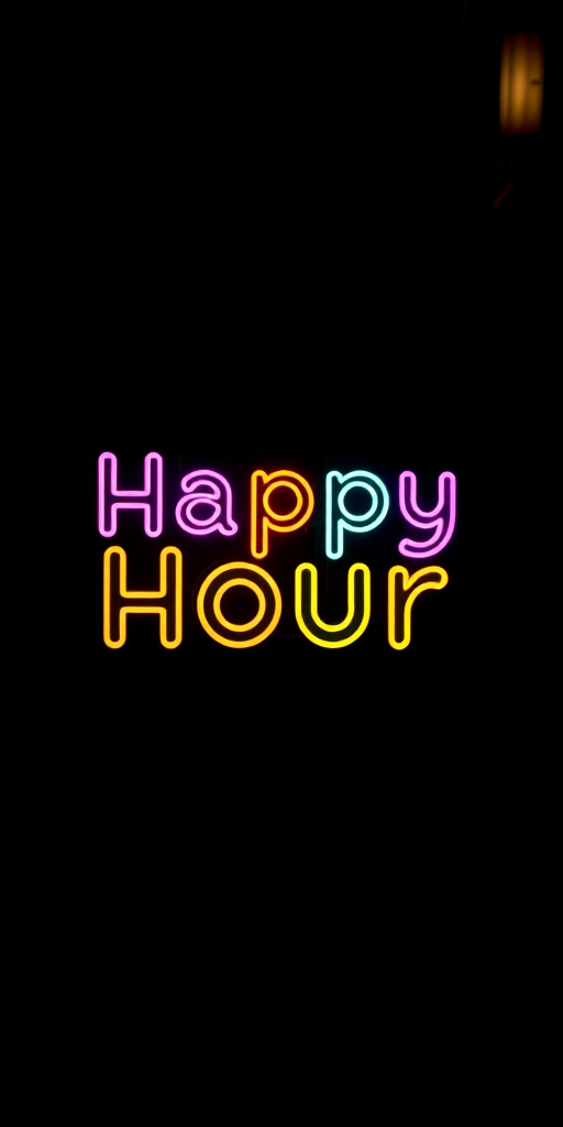 Create a vibrant and colorful text design featuring the words Happy Hour in a playful font, using a Canon EOS R camera with a 50mm lens, at f/1.8 aperture, ISO 100, and a soft focus background to enhance the text quality.