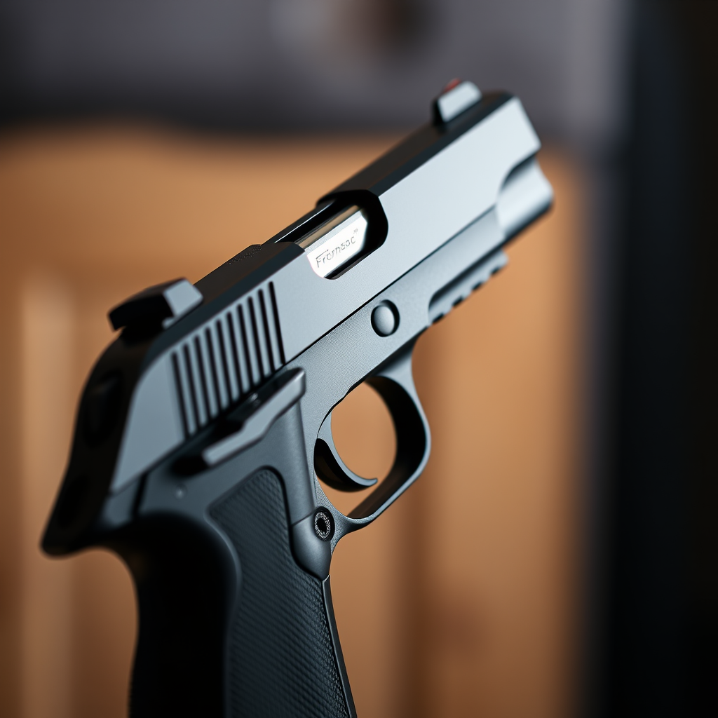 Create an image of a modern handgun in profile view, f-stop 2.8, ISO 100, shutter speed 1/125, captured using a DSLR camera with a 50mm lens and a shallow depth of field to soften the background, ensuring sharp focus on the handgun.