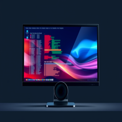 Create a high-resolution digital illustration of a modern computer monitor displaying a colorful interface on the screen, using a DSLR camera with a 50mm lens at f/1.8, shot from a direct frontal view, with a minimalistic background and sharp focus on the monitor.