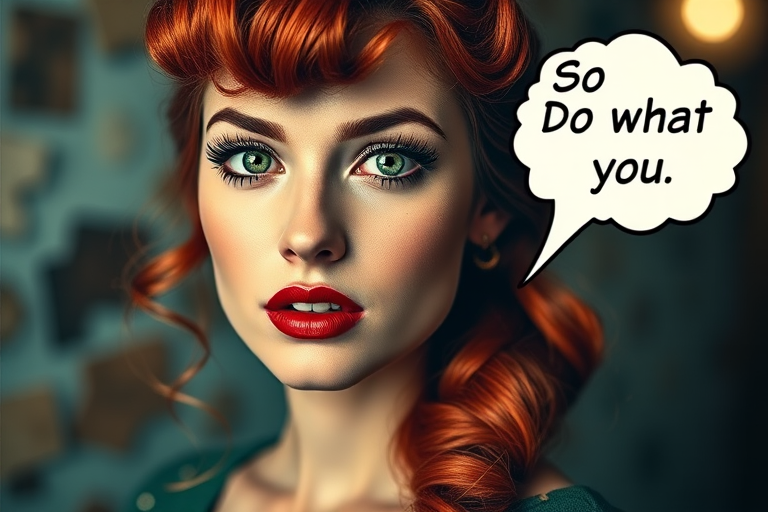Create a high-resolution portrait of a vintage woman with striking green eyes and red hair, using a DSLR camera with a 50mm lens, f/1.8 aperture, ISO 100, and a soft light source for an elegant atmosphere, styled in a classic comic book pop art format with a speech bubble that says "Do what you LOVE."