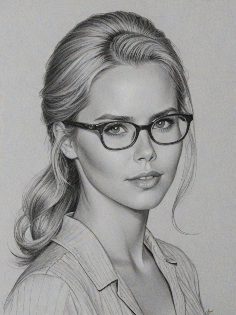 Attractive Claire Holt, pencil sketch, portrait of Appealing woman 1950s in glasses, hair style beatnik, outline, clear lines, fine lines, 8k
