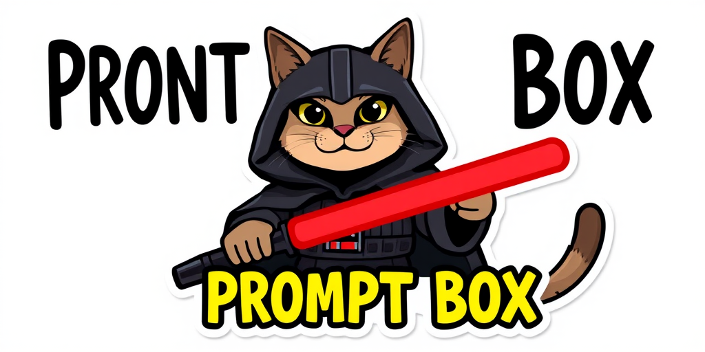 Sticker design, content cat wearing a  Dartvader  robe and holding red  lightsaber, promoting a message with the words "Prompt Box", flat bright colors, isolated on a white background, illustration