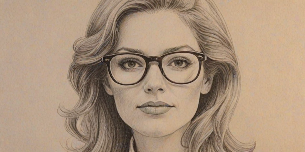 Superb Amie Harwick, pencil sketch, portrait of Magnificent woman 1970s in glasses, hair style beatnik, outline, clear lines, fine lines, 8k