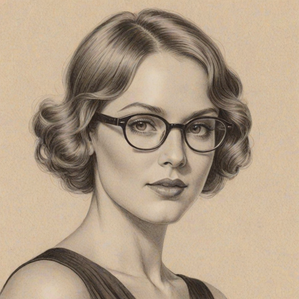 Enticing Clare Grant, pencil sketch, portrait of Ravishing woman 1925s in glasses, hair style beatnik, outline, clear lines, fine lines, 8k