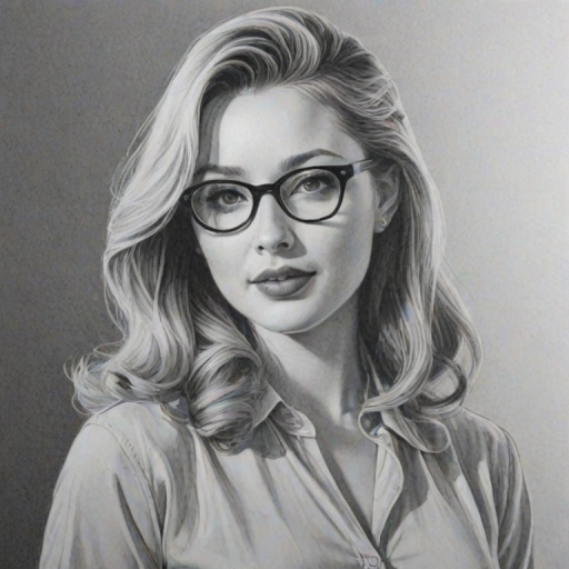 Graceful Elisabeth Harnois, pencil sketch, portrait of Splendid woman 1958s in glasses, hair style beatnik, outline, clear lines, fine lines, 8k