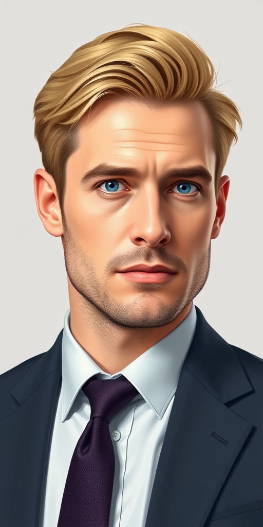 Create a detailed vector illustration of a confident businessman with fair hair and a serious expression, using a Canon EOS R5 with a 50mm lens, f/1.8 aperture, ISO 100, shot in portrait orientation and soft lighting to highlight facial features.