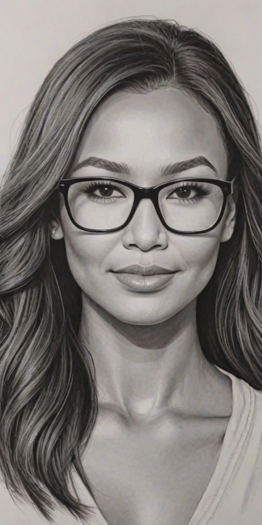 Exquisite Naya Rivera, pencil sketch, portrait of Fetching woman 1978s in glasses, hair style beatnik, outline, clear lines, fine lines, 8k