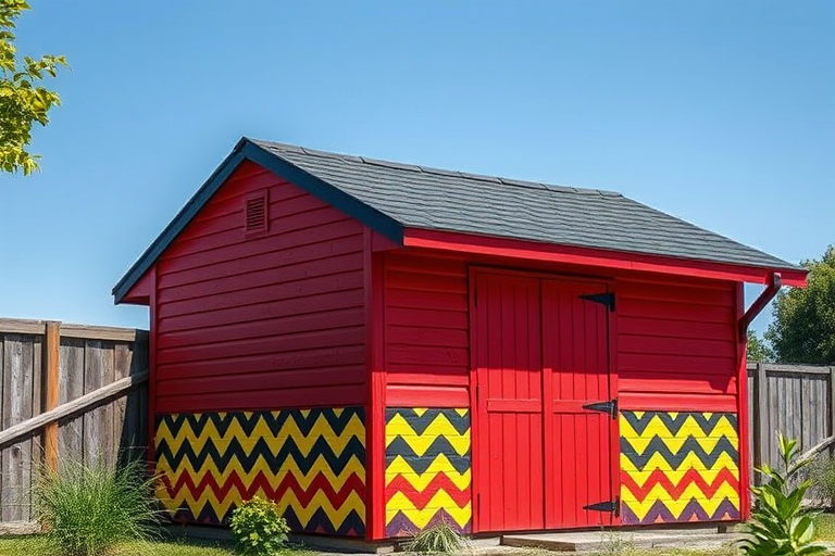 Create an image of a colorful shed with a black roof, painted in red, yellow, and black chevron patterns on the sides, captured with a DSLR camera using a 50mm lens, aperture set to f/1.8, ISO 100, at a low angle shot to highlight the textures and colors, with natural lighting to enhance vibrancy and contrast.