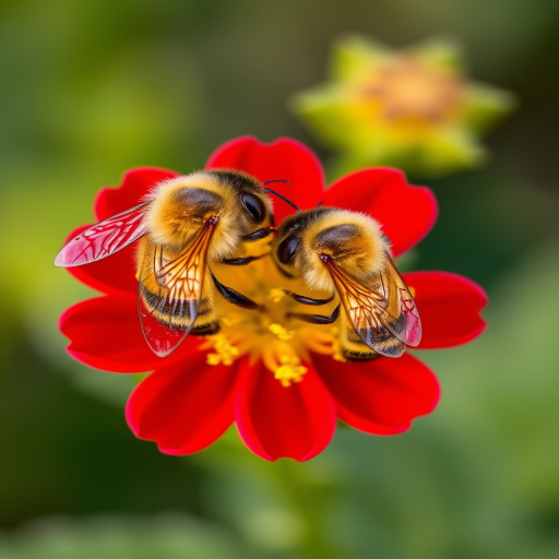Close-up of two bees on vibrant red flower with yellow pollen, macro lens, f/2.8 aperture, 1/200 sec shutter speed, ISO 100, natural light, DSLR camera.
