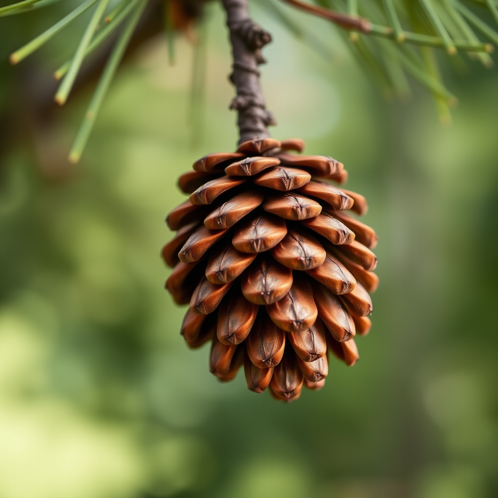 regenerate a close-up of a pinecone hanging from a tree branch, with a softly blurred green background, use a 50mm lens, aperture f/1.8, ISO 200, natural light, DSLR camera for enhanced image quality