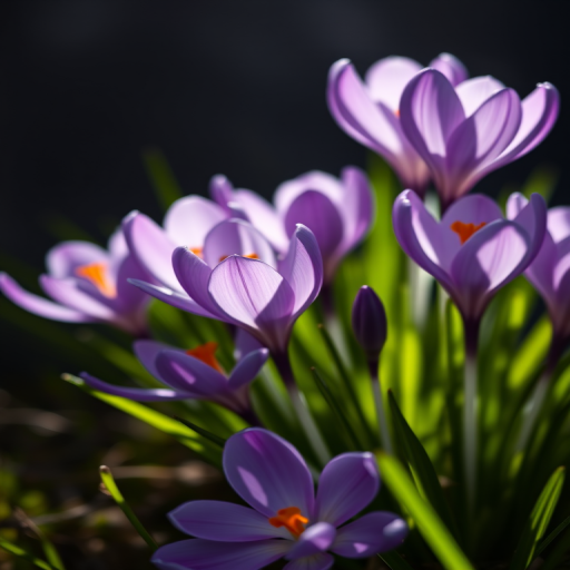 high-resolution image of purple crocuses in a dynamic arrangement, macro lens, f/2.8 aperture, ISO 100, backlit against a dark background, soft focus on surrounding greenery, taken with a DSLR camera