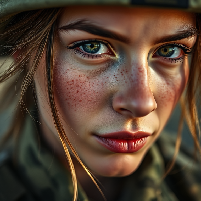 female soldier portrait, close-up, natural light, f/1.8 aperture, 50mm lens, ISO 100, shallow depth of field, vibrant colors, emphasizing freckles and hair texture, cinematic style
