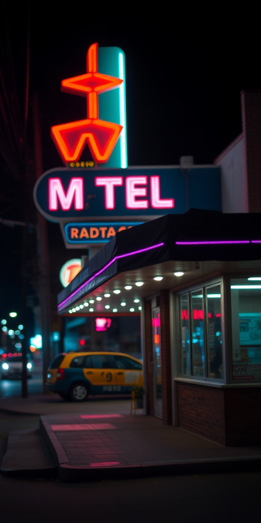 A nighttime scene of a retro motel with neon lights, urban background, soft focus, vibrant colors, 35mm lens, f/2.8 aperture, ISO 400, wide-angle view, shot on a digital SLR camera.
