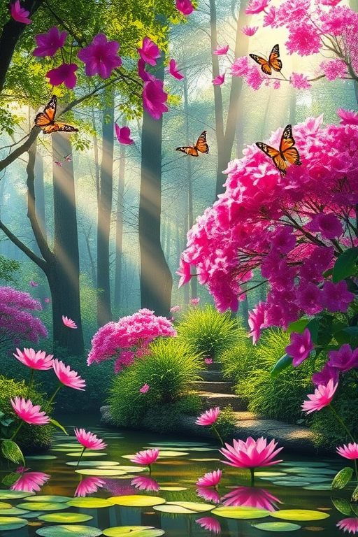Create a serene forest scene with vibrant pink flowers and lush greenery. Include soft rays of sunlight filtering through the trees, casting a gentle glow. Add colorful butterflies fluttering around and a tranquil pond with lily pads in the foreground. Ensure the overall atmosphere is magical and peaceful.