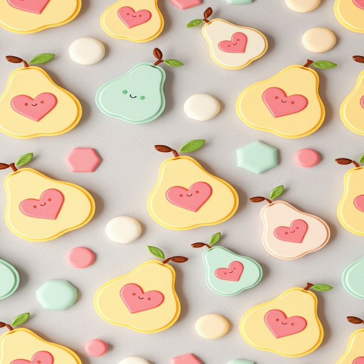 Create a whimsical pattern featuring cute cartoon pears with heart shapes in a pastel color palette on a soft gray background, shot with a DSLR camera, aperture f/2.8, ISO 100, 50mm lens, top-down view, vibrant colors and soft focus for a playful feel.