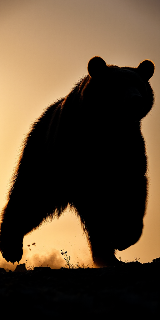 A dynamic silhouette of a bear in motion, captured with a Canon EOS R5, 50mm lens, f/2.8 aperture, ISO 100, natural lighting, shot from a low angle to emphasize its stature.