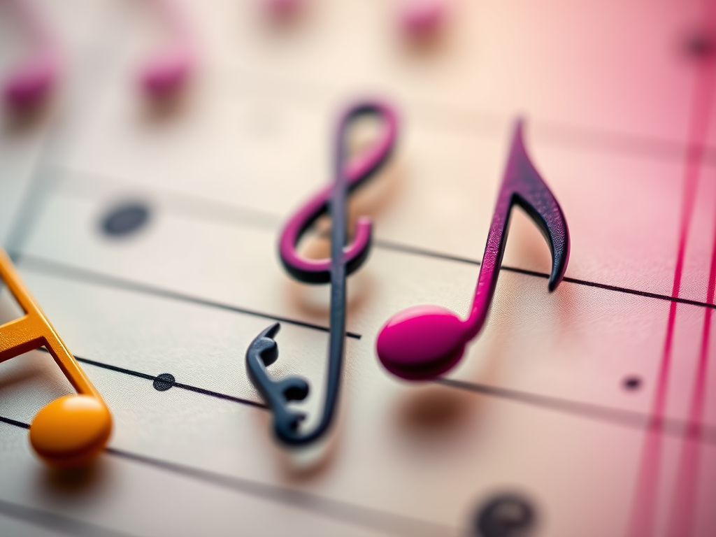 Create an abstract image featuring musical notes in a vibrant color palette, captured with a DSLR camera at f/2.8, ISO 100, and a shutter speed of 1/250s, using a macro lens to emphasize detail and a shallow depth of field for a soft background.