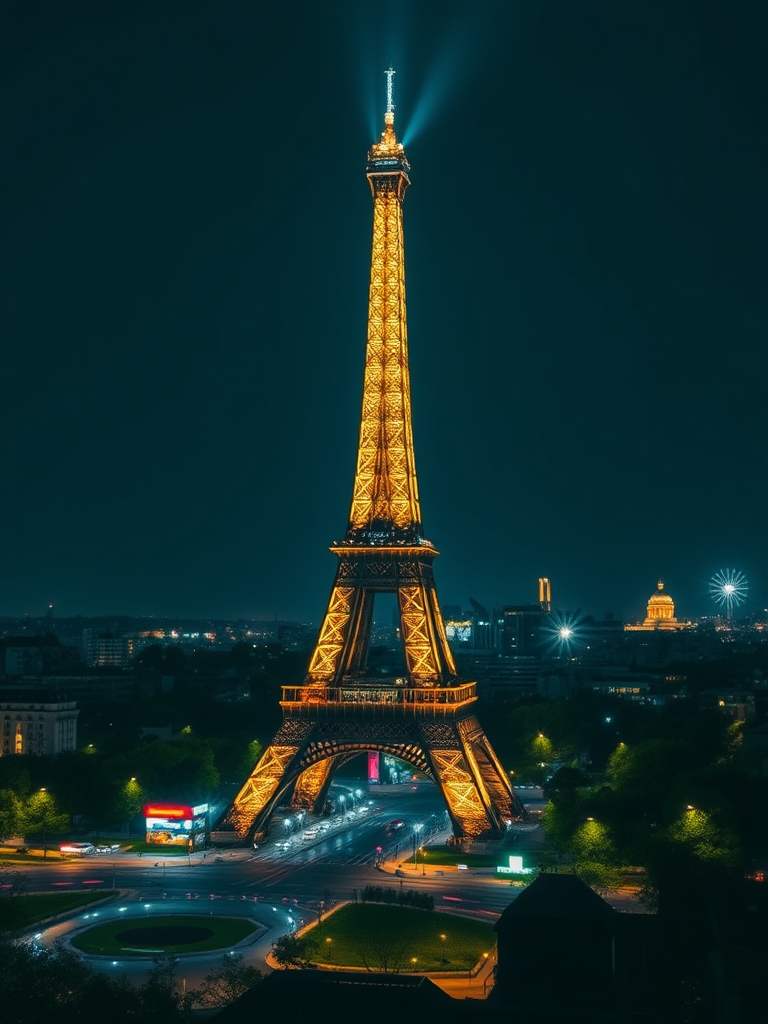 Regenerate the image of the Eiffel Tower illuminated at night in Paris with a high-resolution DSLR camera, 35mm lens, f/2.8 aperture, ISO 200, 1/60 sec shutter speed, using a wide-angle view to capture the skyline in a soft focus background with enhanced contrast and vibrant colors.