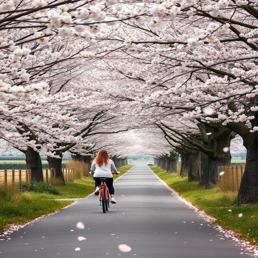 Quiet country road lined with cherry blossom trees, petals floating through the air, as a woman rides her bicycle slowly down the lane.