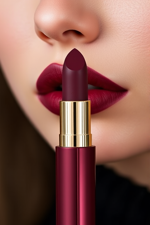 Velvety Mulberry Wine lip color offers a deep, rich burgundy with a soft matte finish, perfect for autumn and winter looks that exude sophistication