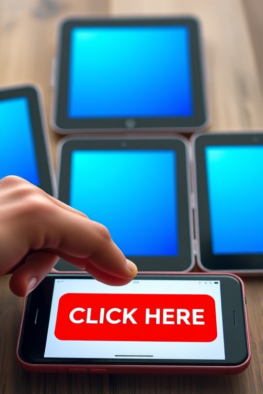 Create an image of a hand touching a large red button labeled "CLICK HERE" on a smartphone, with multiple tablets displaying a blue background in the scene, using a DSLR camera with a 50mm lens, aperture set to f/2.8, ISO 100, and a shallow depth of field for enhanced clarity.