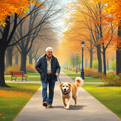 Create an illustration of an elderly man walking a dog in a park, emphasizing a cozy autumn atmosphere, shot with a DSLR camera at f/5.6 aperture, ISO 100, 50mm lens, in natural light, capturing vibrant colors and clear details.