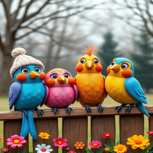 create a scene of 4 quirky  whimsical colourful comical birds each with a funny expression. they are sat on a wooden fence with colourful flowers. they are all different sizes. each one is a different colour  one is wearing a woolly hat. Each one has a different quirky google expression and there is a muted background of trees watercolour paintierly style high definition 8k resolution 3D paper mache