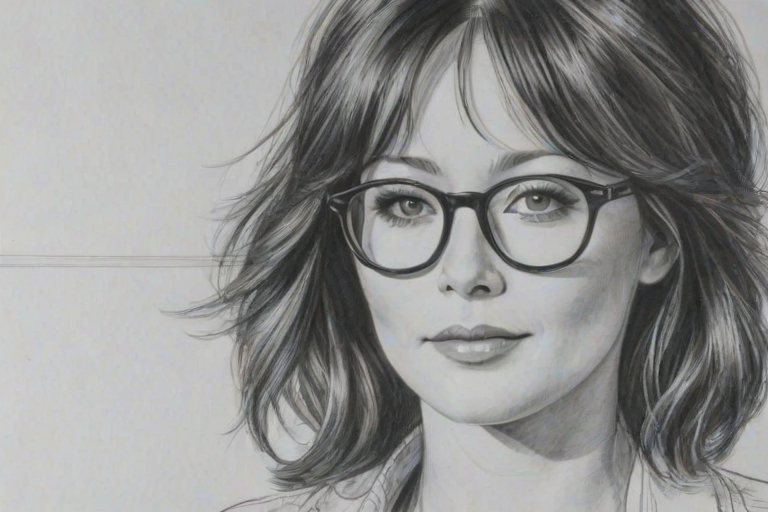 Fetching Shannen Doherty, pencil sketch, portrait of Sublime woman 1975s in glasses, hair style beatnik, outline, clear lines, fine lines, 8k