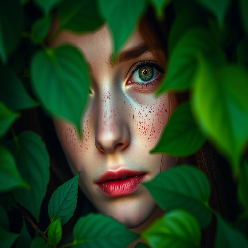 portrait of a young woman with striking green eyes and freckles framed by lush green leaves, shot with a Canon EOS R5, 85mm f/1.2 lens, aperture f/2.8, ISO 100, natural light, shallow depth of field, close-up view