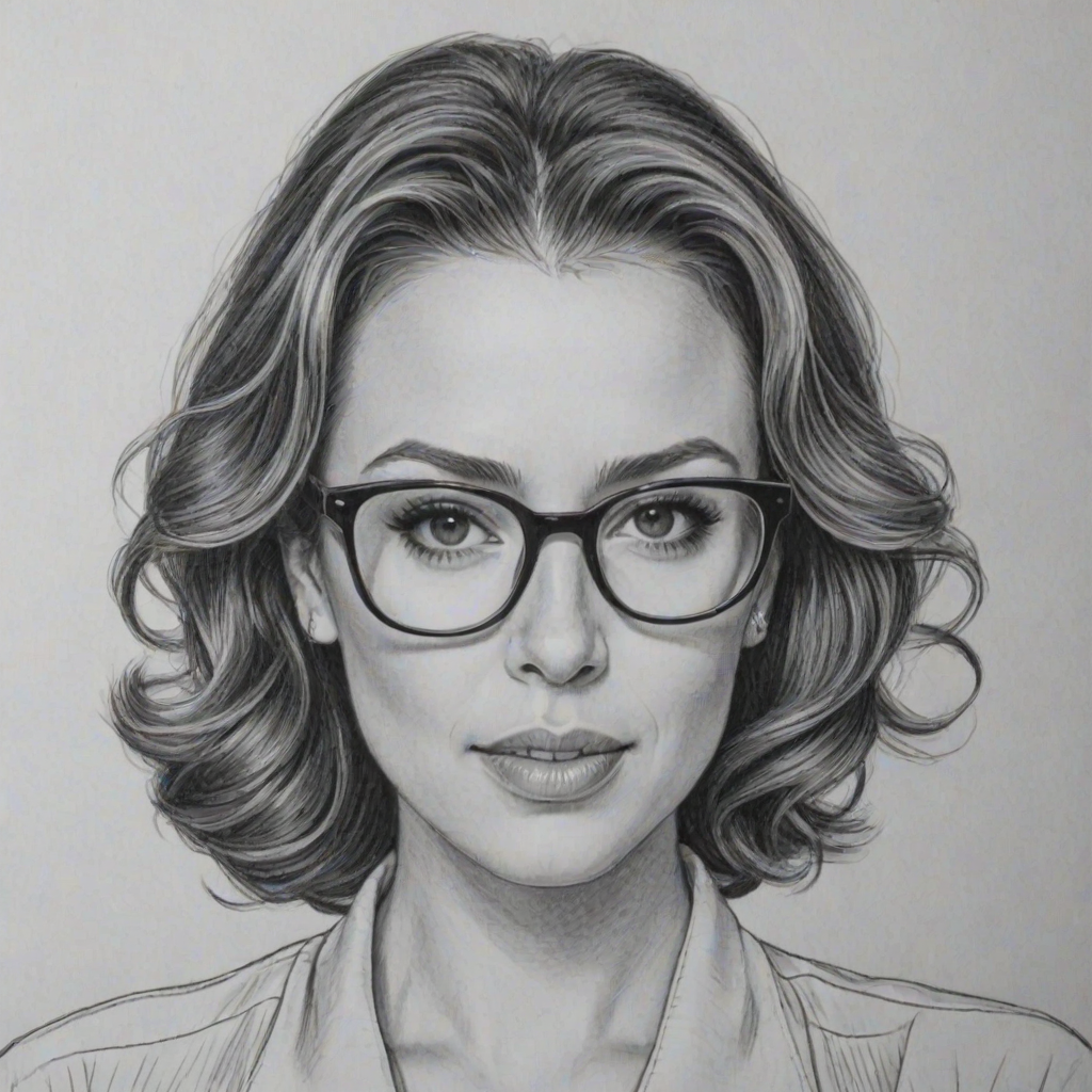 Fascinating Alyssa Milano, pencil sketch, portrait of Beauteous woman 1948s in glasses, hair style beatnik, outline, clear lines, fine lines, 8k