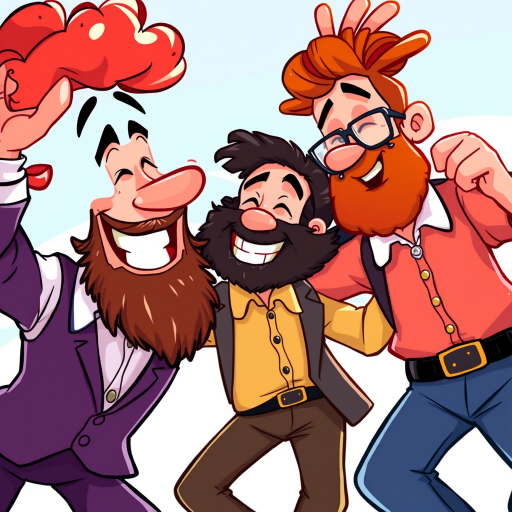 Create a high-resolution illustration of three stylized Jewish men dancing joyfully, each with distinct features: one with curly red hair and a big smile, one with a thick black beard and a playful expression, and one with glasses and a thoughtful look, use bright colors for their clothing, shot in a vibrant cartoon art style, angle from slightly below eye level, using a digital drawing tool at 300 DPI.