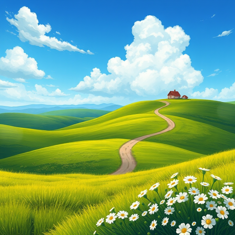 Create a vibrant landscape illustration featuring rolling green hills, a clear blue sky with fluffy clouds, a winding dirt path, two simple houses on the horizon, and a cluster of white flowers in the foreground, using digital painting techniques with a 4K resolution, 16:9 aspect ratio, and soft color gradients to enhance depth and detail.