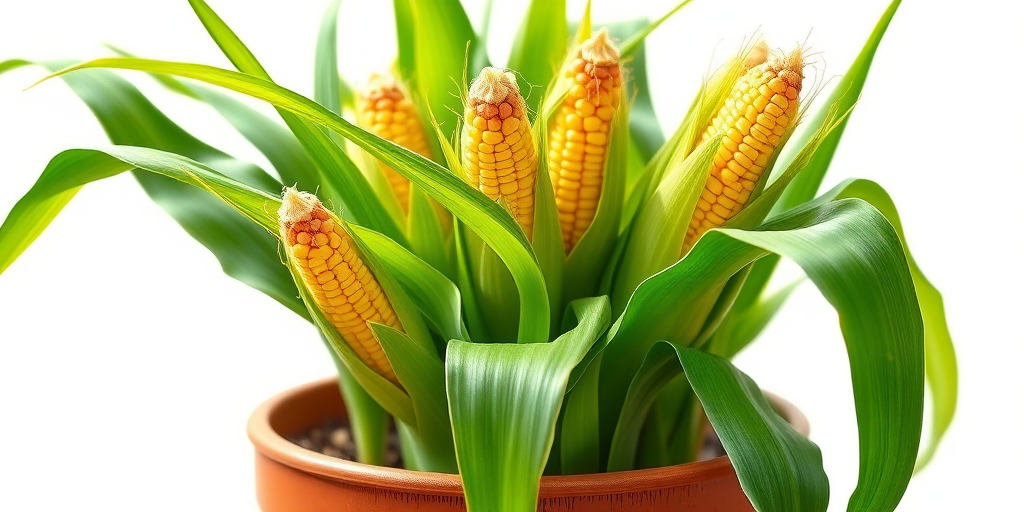 Create a detailed illustration of a vibrant corn plant in a pot, showing lush green leaves and corn ears, captured with a macro lens at f/2.8, ISO 100, 50mm focal length, soft natural lighting for enhanced clarity and color.