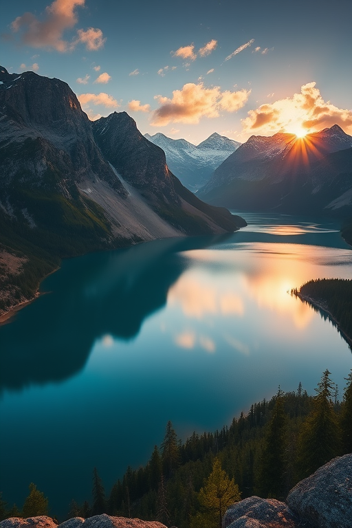 Generate a landscape photograph of a serene lake surrounded by mountains, taken with a DSLR camera at f/8 aperture, 1/200 sec shutter speed, ISO 100, with a wide-angle lens from a low angle perspective during golden hour for enhanced lighting and detail.
