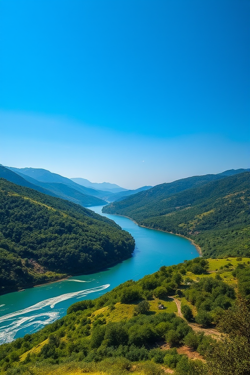 Landscape photography of a tranquil river surrounded by lush green hills under bright blue sky, shot with a Canon EOS R5, 24mm lens, aperture f/8, shutter speed 1/250 sec, ISO 100, in HDR style for enhanced detail and vibrancy.