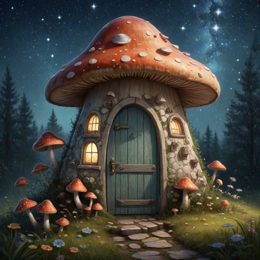 generate illustration of a mushroom house with a door and a window, a storybook , fantasy art, mushroom house, bg starry sky, sparkles