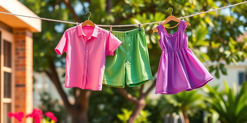 Create a colorful illustration of three garments hanging on a clothesline, including a pink shirt, green shorts, and a purple dress, captured with a DSLR camera at f/8 aperture, ISO 200, 50mm lens, focused in a vibrant outdoor setting with natural light.