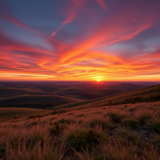 Capture a high-resolution image of a scenic landscape featuring rolling hills and a vibrant sunset, using a Canon EOS R5 camera, 35mm lens, aperture f/2.8, ISO 100, with a focus on depth of field to enhance foreground detail and rich colors in the sky.