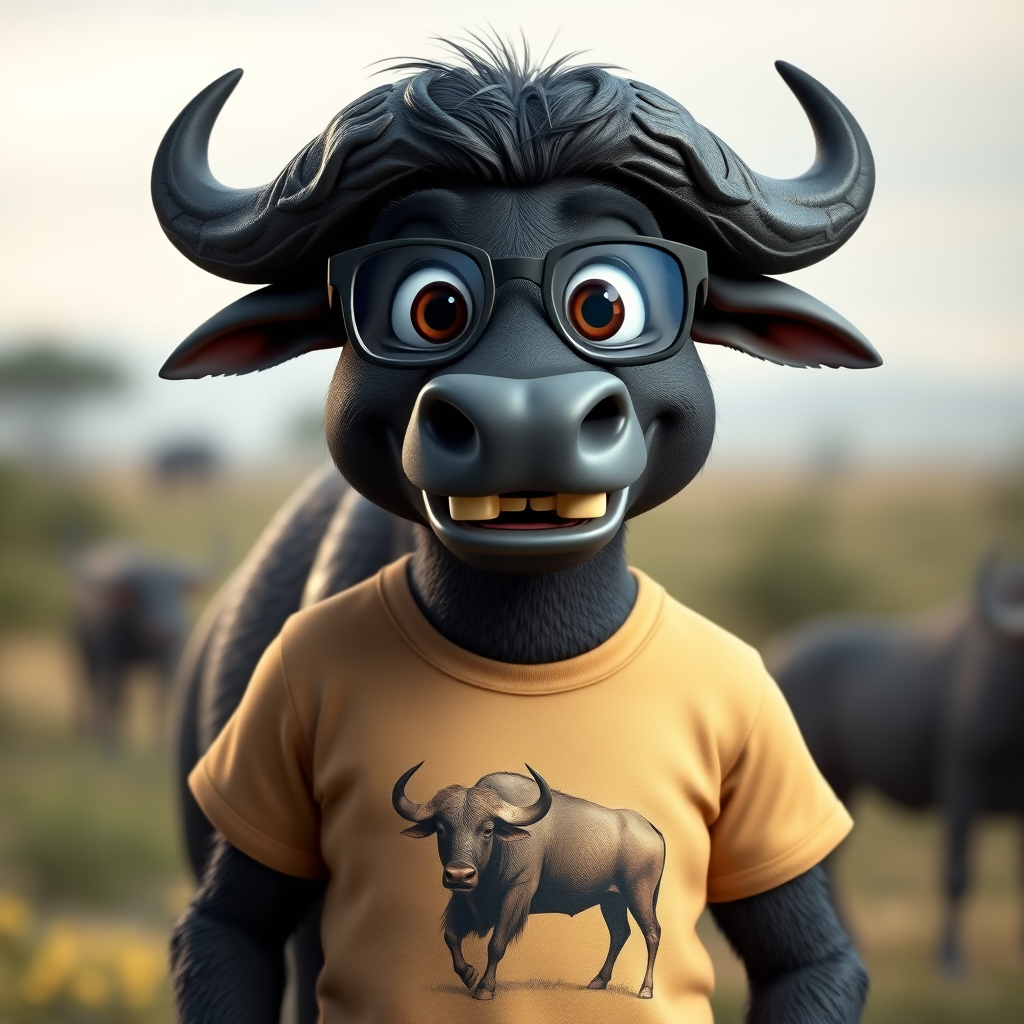 Hyperrealistic 3D render of a smiling cartoon Cape Buffalo wearing glasses and a beige t-shirt with a smaller buffalo image printed on it, missing some teeth, set against a blurred African savanna background, detailed fur, 8k resolution, octane render, artstation trending.