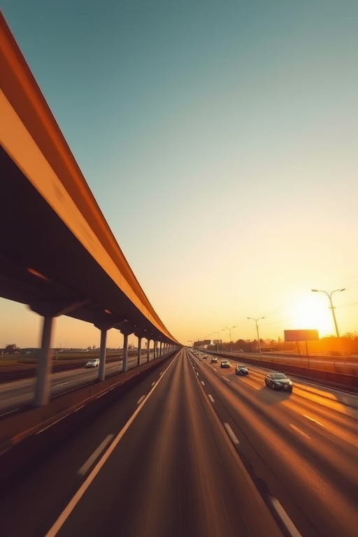 Regenerate an image of a highway at sunset with clear skies and light traffic, captured with a Canon EOS R5, ISO 100, f/8 aperture, 1/125 sec shutter speed, wide-angle lens, capturing a dynamic perspective from an elevated viewpoint.