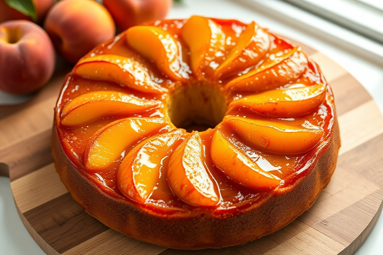 Create an image of a round peach upside-down cake glistening with caramelized peaches on top arranged in a circular pattern the cake is golden brown with a smooth texture and has a hole in the center it is placed on a wooden serving board with fresh peaches and some brown sugar in the background the setting is bright and inviting.
